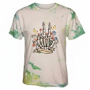 GILDAN Upcycle Tie Dye Skeleton Peace Sign Graphic T-Shirt Green White Large